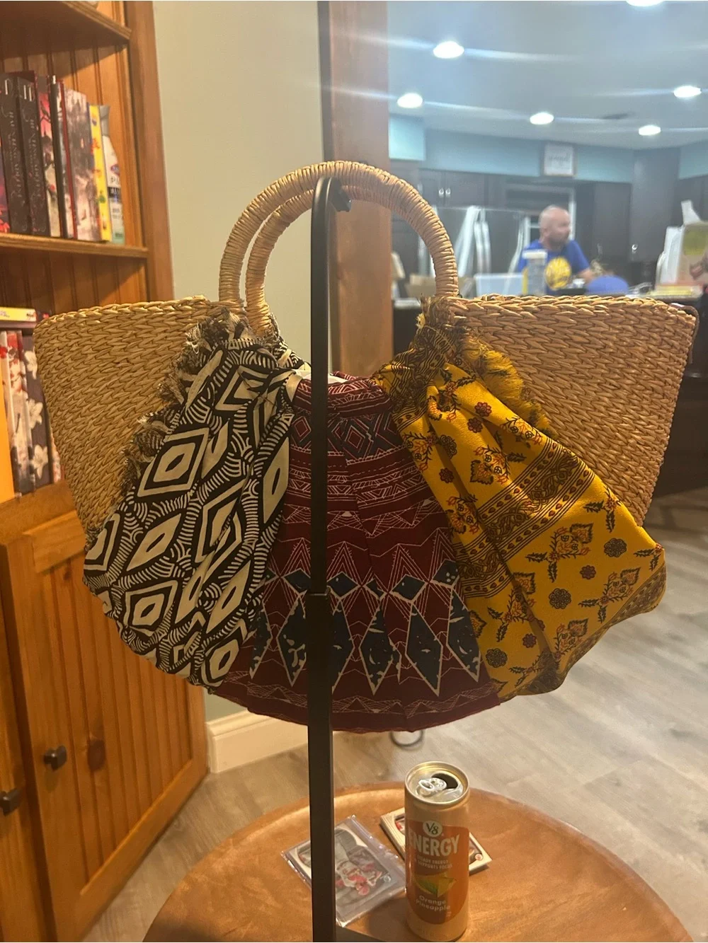 Sam Edelman Straw Tote with Yellow, Red & Black Scarf Accents